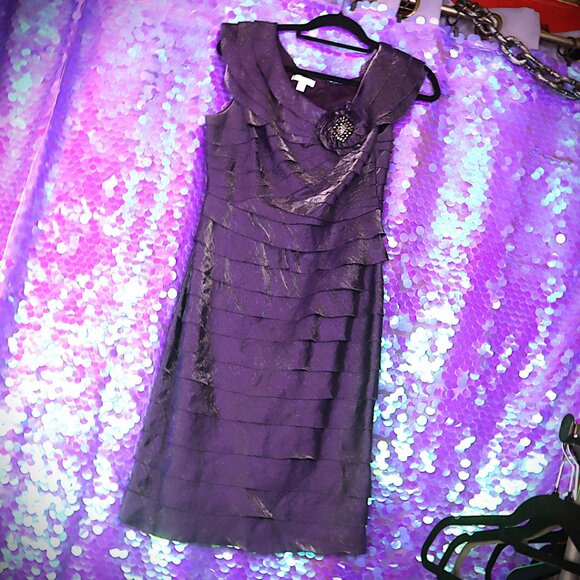 METALLIC PURPLE MINI DRESS 12 London Time Ruffled Rosette Party Cocktail NYE - Picture 2 of 6